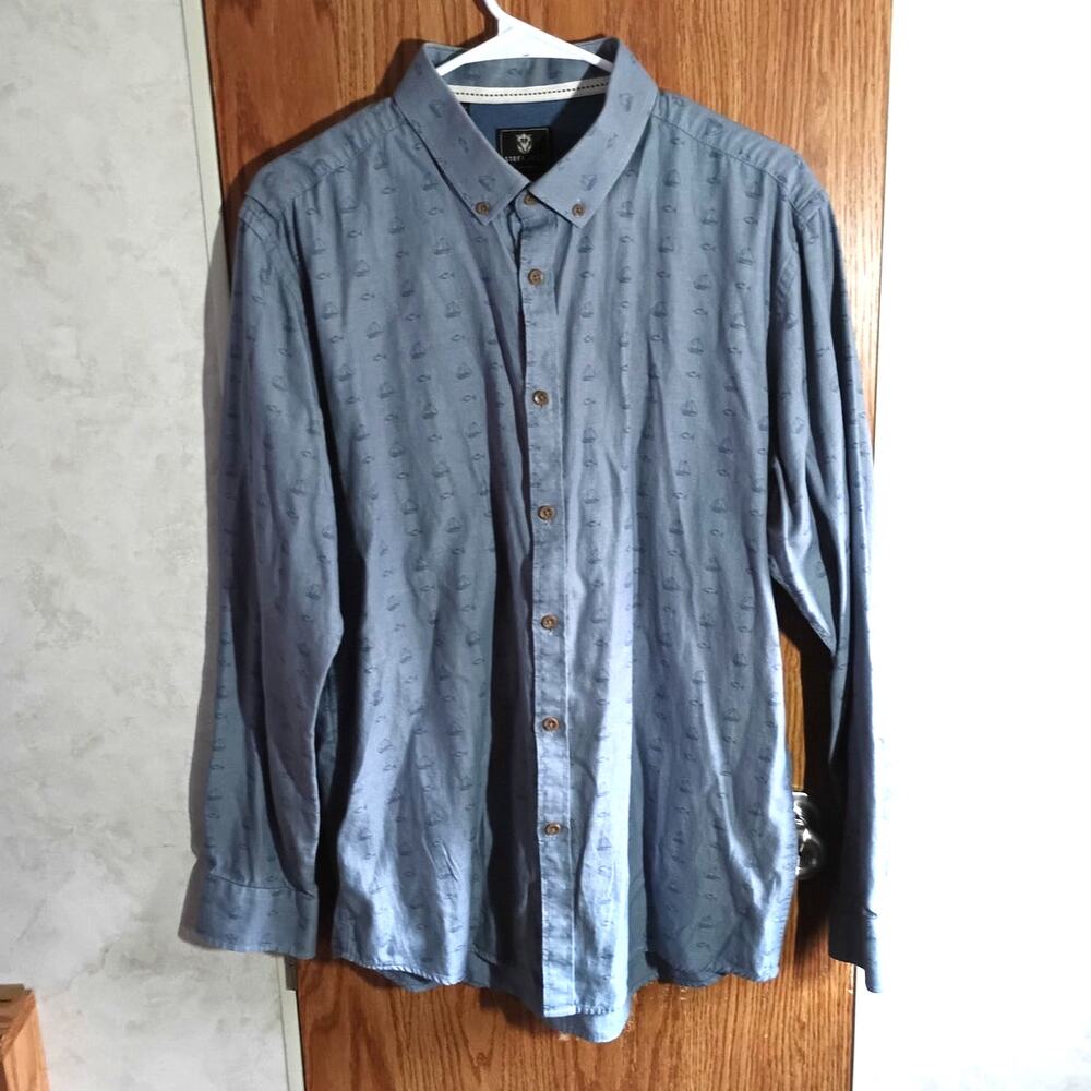 Blue Nautical Sailboat Fish Micro Print Shirt Mens XL Cotton Coastal Preppy